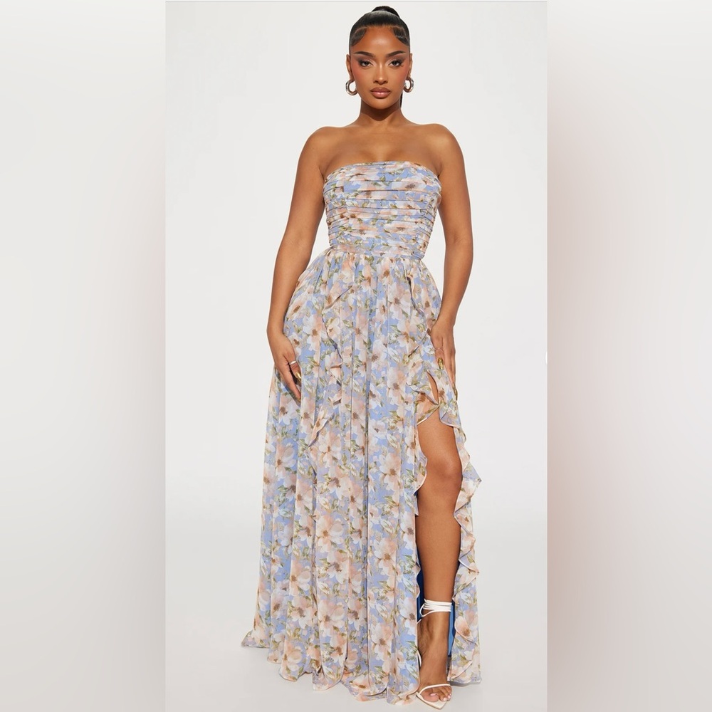 Fashion Nova Strapless Floral Dress - Blue and Pink